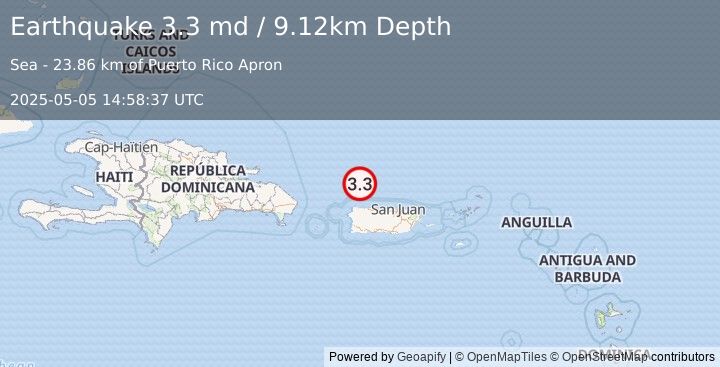 Earthquake 55 km N of Isabela, Puerto Rico (3.3 md) (2025-05-05 14:58:37 UTC)