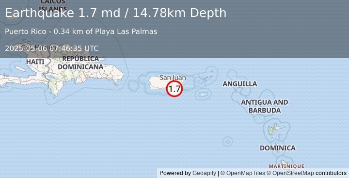 Earthquake 2 km E of Arroyo, Puerto Rico (1.7 md) (2025-05-06 07:46:35 UTC)