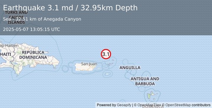 Earthquake 89 km N of Charlotte Amalie, U.S. Virgin Islands (3.1 md) (2025-05-07 13:05:15 UTC)