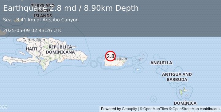 Earthquake 19 km N of Arecibo, Puerto Rico (2.8 md) (2025-05-09 02:43:26 UTC)