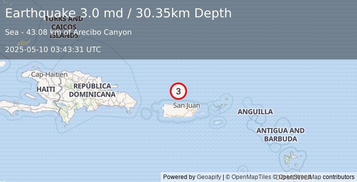 Earthquake 66 km N of Tierras Nuevas Poniente, Puerto Rico (3.0 md) (2025-05-10 03:43:31 UTC)