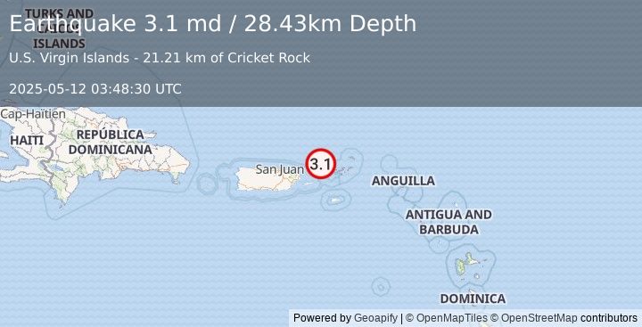 Earthquake 33 km NNW of Charlotte Amalie, U.S. Virgin Islands (3.1 md) (2025-05-12 03:48:30 UTC)