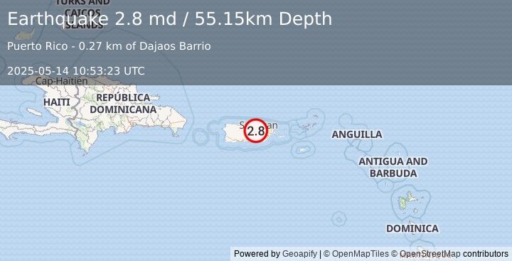 Earthquake 5 km E of Naranjito, Puerto Rico (2.8 md) (2025-05-14 10:53:23 UTC)
