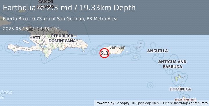 Earthquake 2 km WSW of Palmarejo, Puerto Rico (2.3 md) (2025-05-15 11:13:38 UTC)