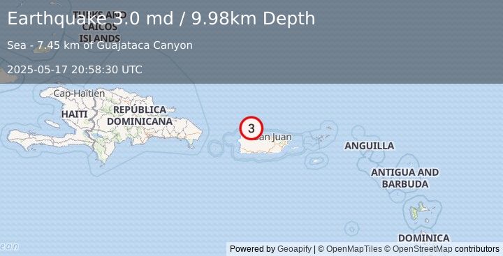 Earthquake 26 km N of Hatillo, Puerto Rico (3.0 md) (2025-05-17 20:58:30 UTC)
