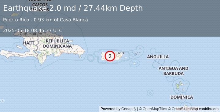 Earthquake 8 km ENE of Jayuya, Puerto Rico (2.0 md) (2025-05-18 08:45:37 UTC)