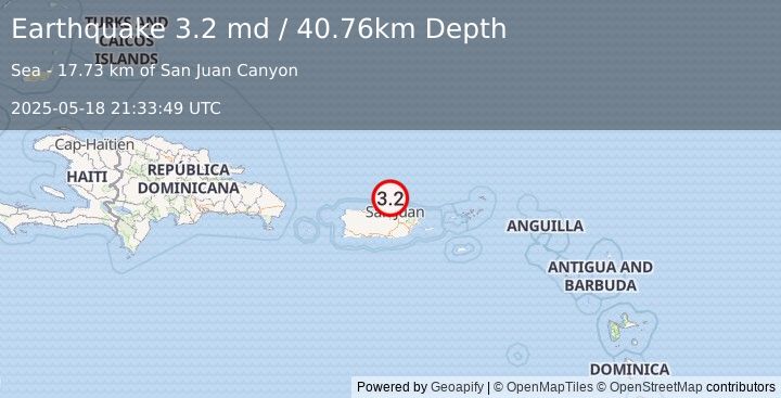 Earthquake 28 km NNE of Dorado, Puerto Rico (3.2 md) (2025-05-18 21:33:49 UTC)