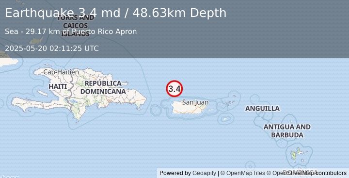 Earthquake 58 km N of Isabela, Puerto Rico (3.4 md) (2025-05-20 02:11:25 UTC)