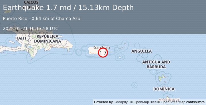 Earthquake 7 km NNE of Yaurel, Puerto Rico (1.7 md) (2025-05-21 10:13:58 UTC)
