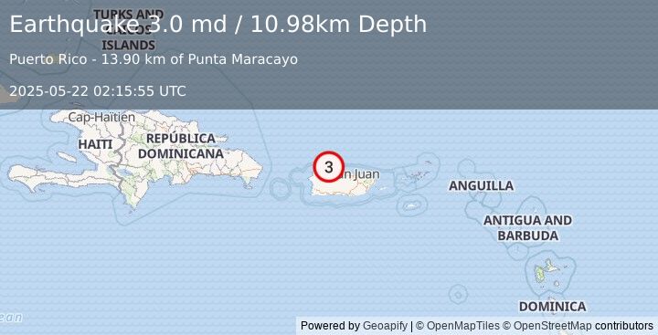 Earthquake 14 km N of Arecibo, Puerto Rico (3.0 md) (2025-05-22 02:15:55 UTC)