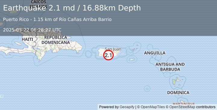 Earthquake 2 km ENE of Río Cañas Abajo, Puerto Rico (2.1 md) (2025-05-22 06:28:27 UTC)