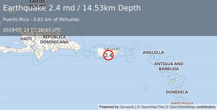 Earthquake 1 km NNW of Parcelas Peñuelas, Puerto Rico (2.4 md) (2025-05-24 03:20:17 UTC)