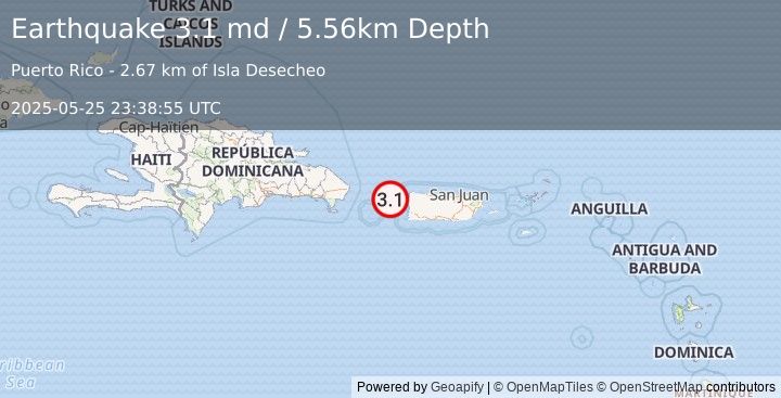 Earthquake 27 km W of Rincón, Puerto Rico (3.1 md) (2025-05-25 23:38:55 UTC)