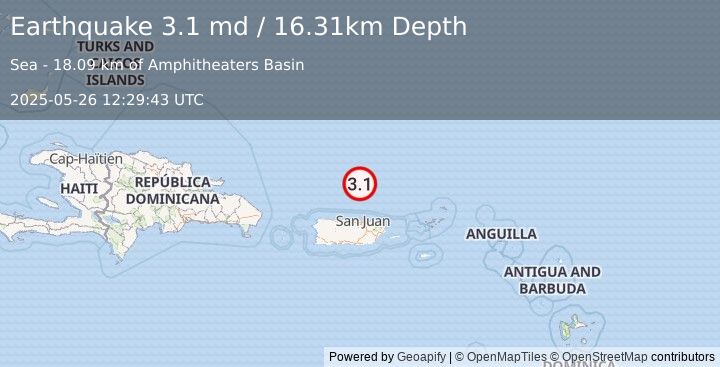 Earthquake 85 km N of San Juan, Puerto Rico (3.1 md) (2025-05-26 12:29:43 UTC)