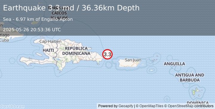 Earthquake 51 km ENE of Punta Cana, Dominican Republic (3.3 md) (2025-05-26 20:53:36 UTC)