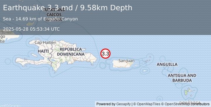 Earthquake 81 km NW of San Antonio, Puerto Rico (3.3 md) (2025-05-28 05:53:34 UTC)