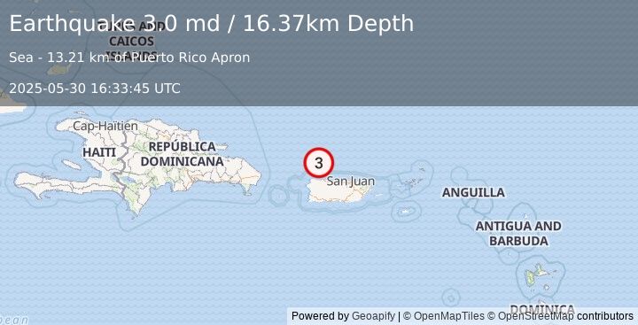Earthquake 45 km NNE of Isabela, Puerto Rico (3.0 md) (2025-05-30 16:33:45 UTC)