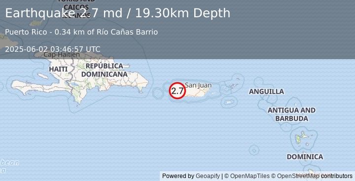 Earthquake 5 km WSW of Las Marías, Puerto Rico (2.7 md) (2025-06-02 03:46:57 UTC)