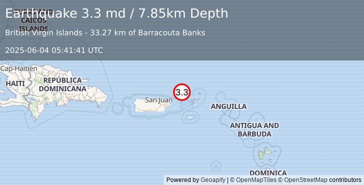 Earthquake 50 km NNW of Charlotte Amalie, U.S. Virgin Islands (3.3 md) (2025-06-04 05:41:41 UTC)