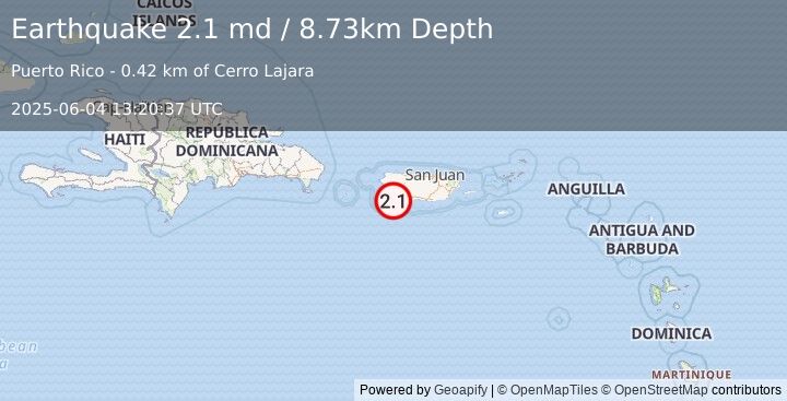 Earthquake 4 km WSW of Fuig, Puerto Rico (2.1 md) (2025-06-04 13:20:37 UTC)