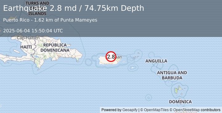 Earthquake 4 km N of San Antonio, Puerto Rico (2.8 md) (2025-06-04 15:50:04 UTC)