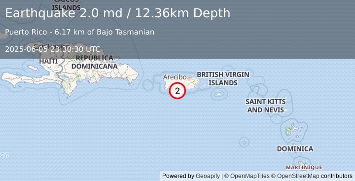 Earthquake 13 km SSE of Ponce, Puerto Rico (2.0 md) (2025-06-05 23:30:30 UTC)