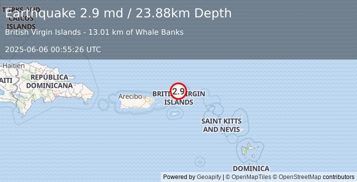 Earthquake 45 km NNE of Cruz Bay, U.S. Virgin Islands (2.9 md) (2025-06-06 00:55:26 UTC)
