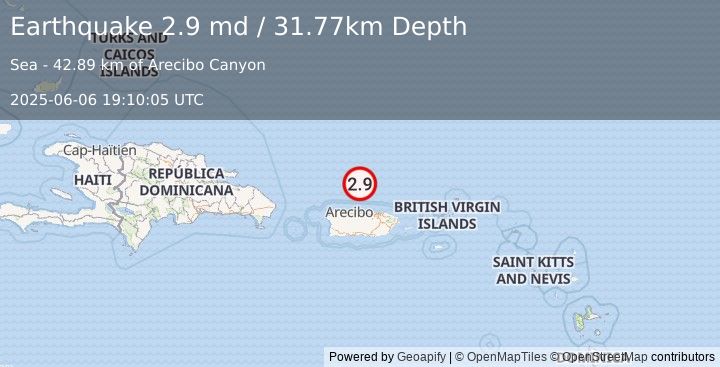 Earthquake 66 km N of Tierras Nuevas Poniente, Puerto Rico (2.9 md) (2025-06-06 19:10:05 UTC)