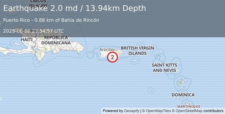 Earthquake 2 km SSW of Las Ochenta, Puerto Rico (2.0 md) (2025-06-06 23:54:57 UTC)