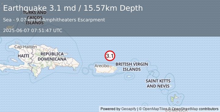 Earthquake 73 km N of San Juan, Puerto Rico (3.1 md) (2025-06-07 07:51:47 UTC)