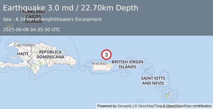 Earthquake 68 km N of San Juan, Puerto Rico (3.0 md) (2025-06-08 04:35:30 UTC)