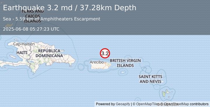 Earthquake 67 km N of San Juan, Puerto Rico (3.2 md) (2025-06-08 05:27:23 UTC)