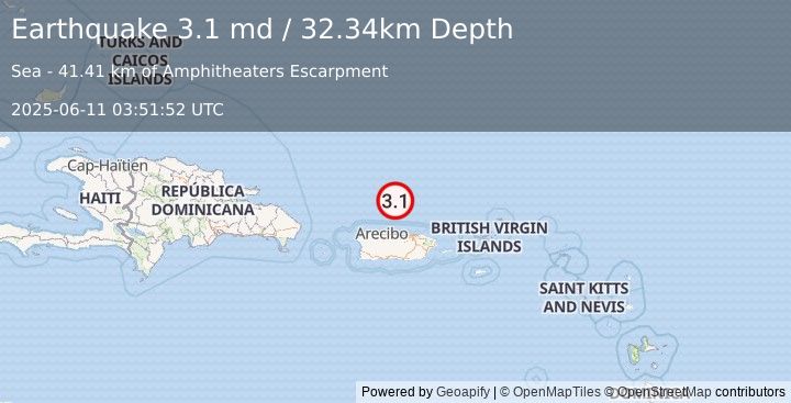 Earthquake 67 km N of Tierras Nuevas Poniente, Puerto Rico (3.1 md) (2025-06-11 03:51:52 UTC)