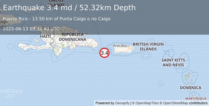 Earthquake 73 km W of Pole Ojea, Puerto Rico (3.4 md) (2025-06-13 03:34:43 UTC)