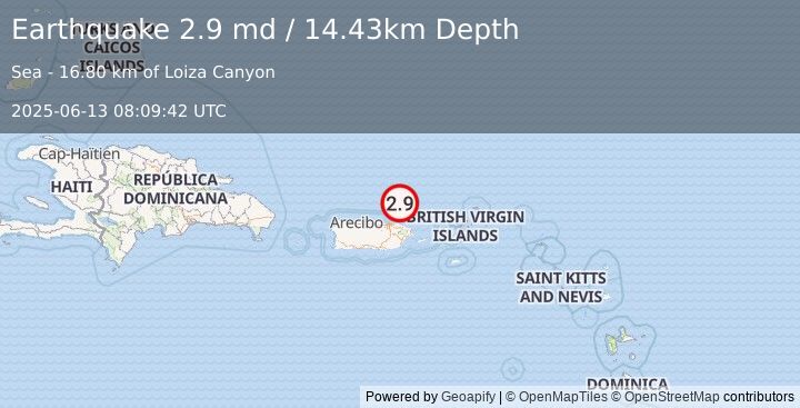 Earthquake 42 km N of Loíza, Puerto Rico (2.9 md) (2025-06-13 08:09:42 UTC)