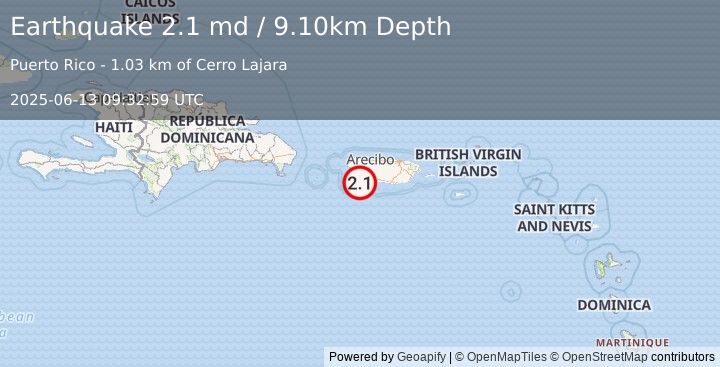 Earthquake 3 km WSW of Guánica, Puerto Rico (2.1 md) (2025-06-13 09:32:59 UTC)