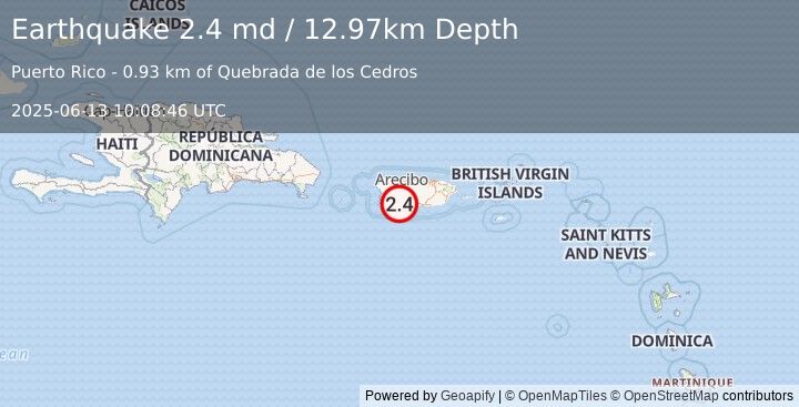 Earthquake 1 km ESE of Magas Arriba, Puerto Rico (2.4 md) (2025-06-13 10:08:46 UTC)