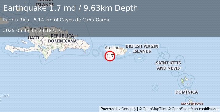 Earthquake 9 km SSE of Guánica, Puerto Rico (1.7 md) (2025-06-13 17:29:18 UTC)