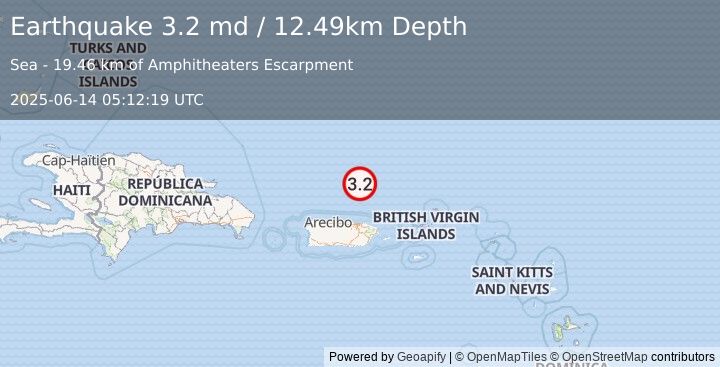 Earthquake 89 km N of San Juan, Puerto Rico (3.2 md) (2025-06-14 05:12:19 UTC)
