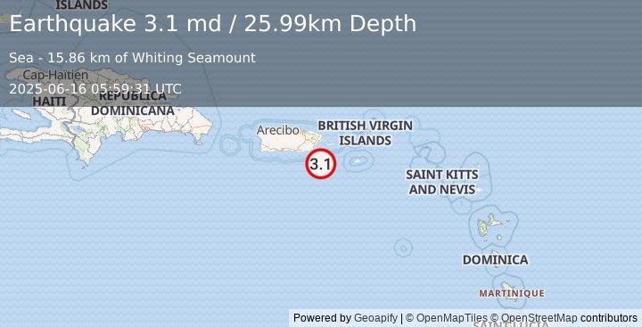 Earthquake 42 km SE of Emajagua, Puerto Rico (3.1 md) (2025-06-16 05:59:31 UTC)
