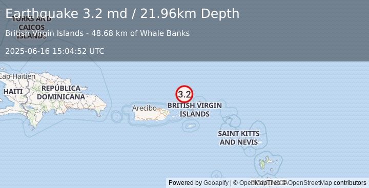 Earthquake 76 km N of Charlotte Amalie, U.S. Virgin Islands (3.2 md) (2025-06-16 15:04:52 UTC)