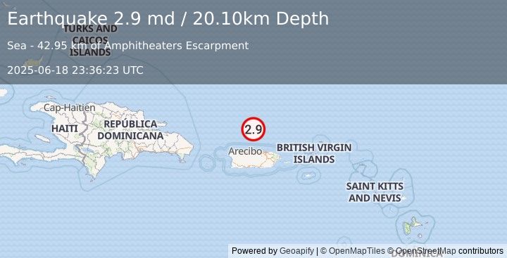 Earthquake 72 km N of Tierras Nuevas Poniente, Puerto Rico (2.9 md) (2025-06-18 23:36:23 UTC)