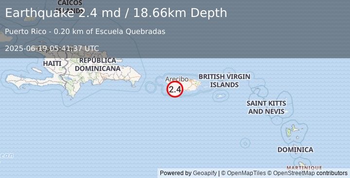 Earthquake 2 km NNW of Guayanilla, Puerto Rico (2.4 md) (2025-06-19 05:41:37 UTC)