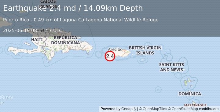 Earthquake 3 km SSW of Palmarejo, Puerto Rico (2.4 md) (2025-06-19 08:11:57 UTC)