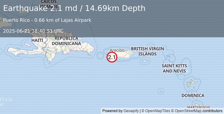 Earthquake 3 km S of Palmarejo, Puerto Rico (2.1 md) (2025-06-21 18:40:51 UTC)