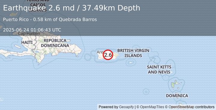 Earthquake 4 km NW of Orocovis, Puerto Rico (2.6 md) (2025-06-24 01:06:43 UTC)