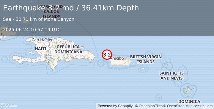 Earthquake 44 km NW of San Antonio, Puerto Rico (3.2 md) (2025-06-24 10:57:19 UTC)