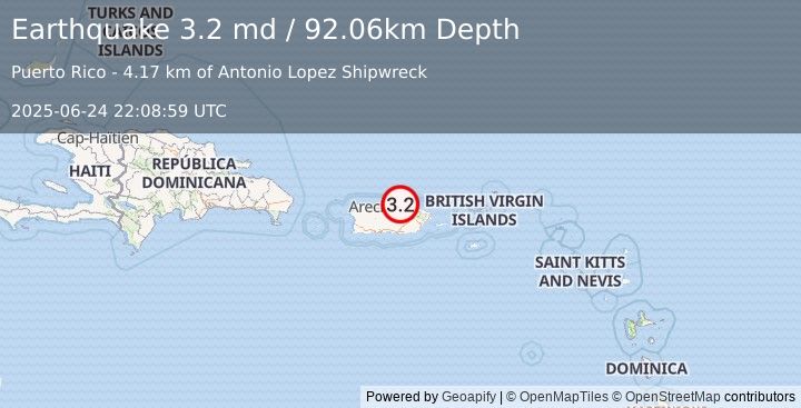 Earthquake 8 km NE of Dorado, Puerto Rico (3.2 md) (2025-06-24 22:08:59 UTC)