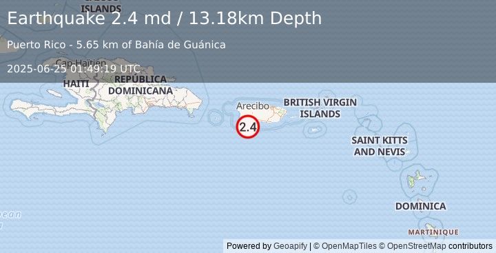 Earthquake 15 km SSE of Guánica, Puerto Rico (2.4 md) (2025-06-25 01:49:19 UTC)