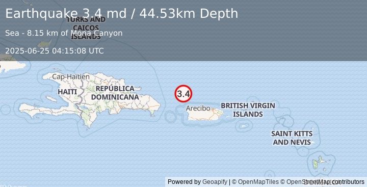 Earthquake 68 km NNW of San Antonio, Puerto Rico (3.4 md) (2025-06-25 04:15:08 UTC)